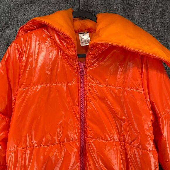 Stella McCartney Adidas Puffer Jacket Womens L Orange Shiny Full Zip Hoodie Coat - Picture 2 of 9
